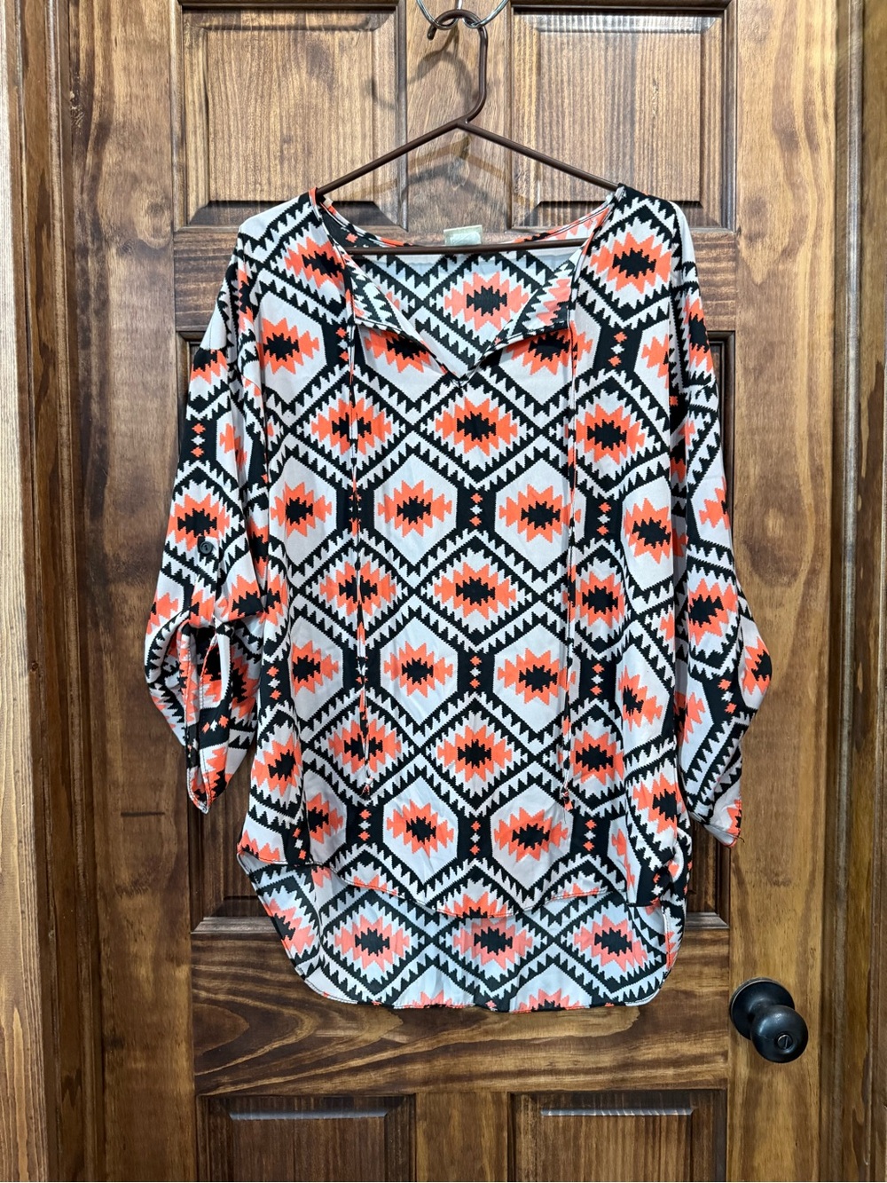 Women's Geometric Aztec Print Dolman Sleeve Top - Black & Coral Daytrip size XL